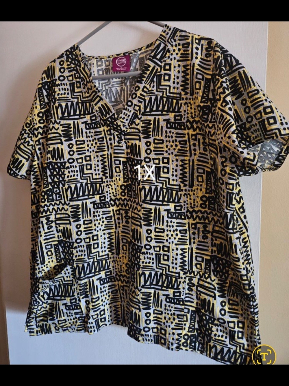 Womens Black & Yellow Graphic Print V-Neck Scrub Top